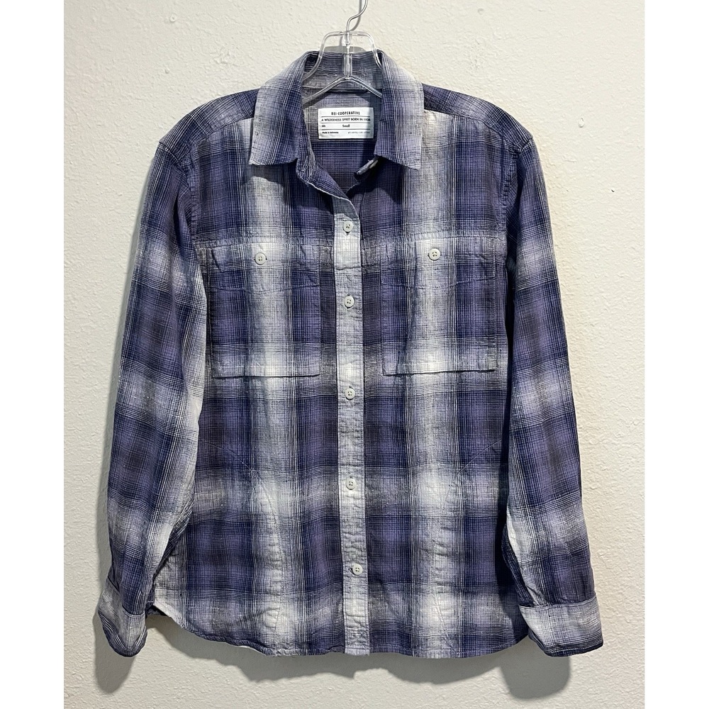 Rei Cooperative Womens Button Up Shirt Small Blue Flannel Plaid Hemp Cotton Hike